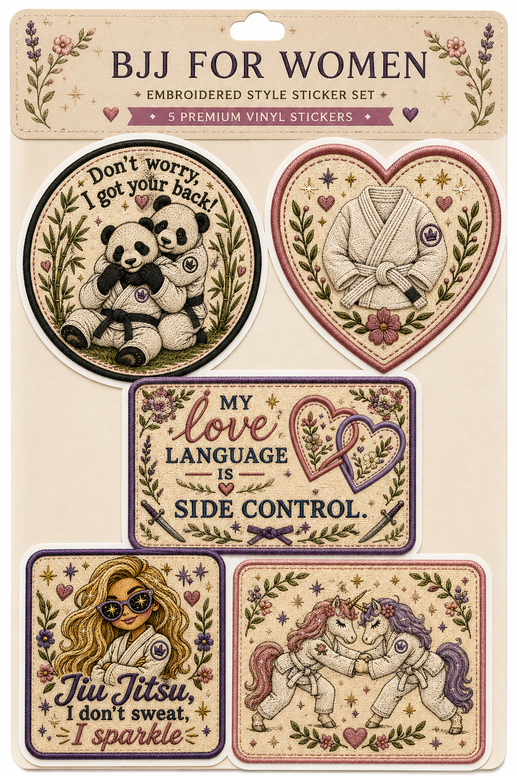 BJJ Women Sticker Pack | Embroidered Style Vinyl Stickers | 5 Cute Jiu-Jitsu Stickers | Waterproof Decals